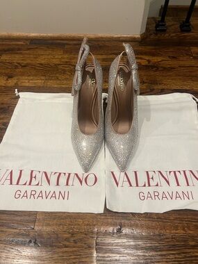 Valentino Garavani Crystal-Embellished Silver Slingback Pumps